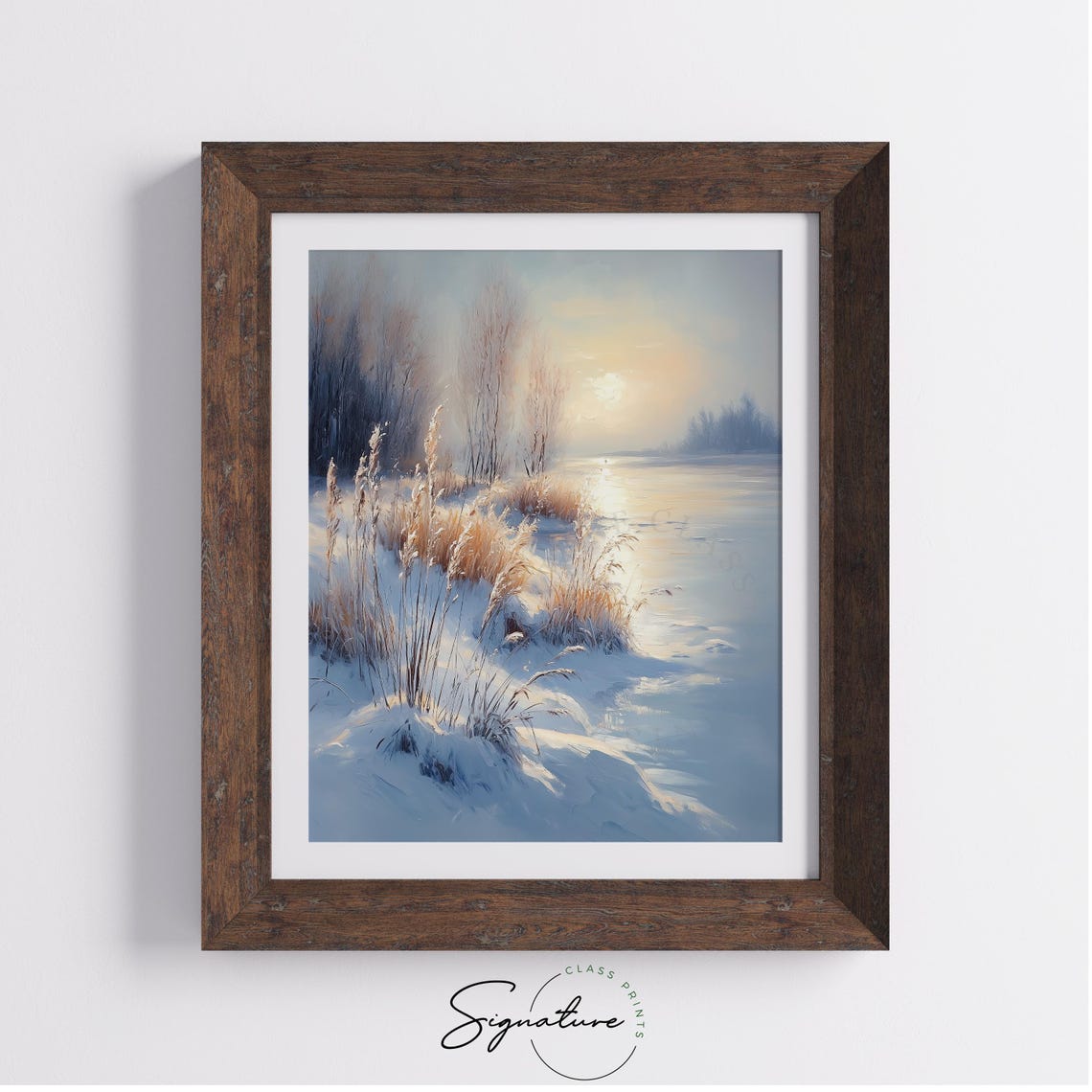Serene Frosty Meadow Golden Reeds Sunrise Winter Landscape Poster - Image 2