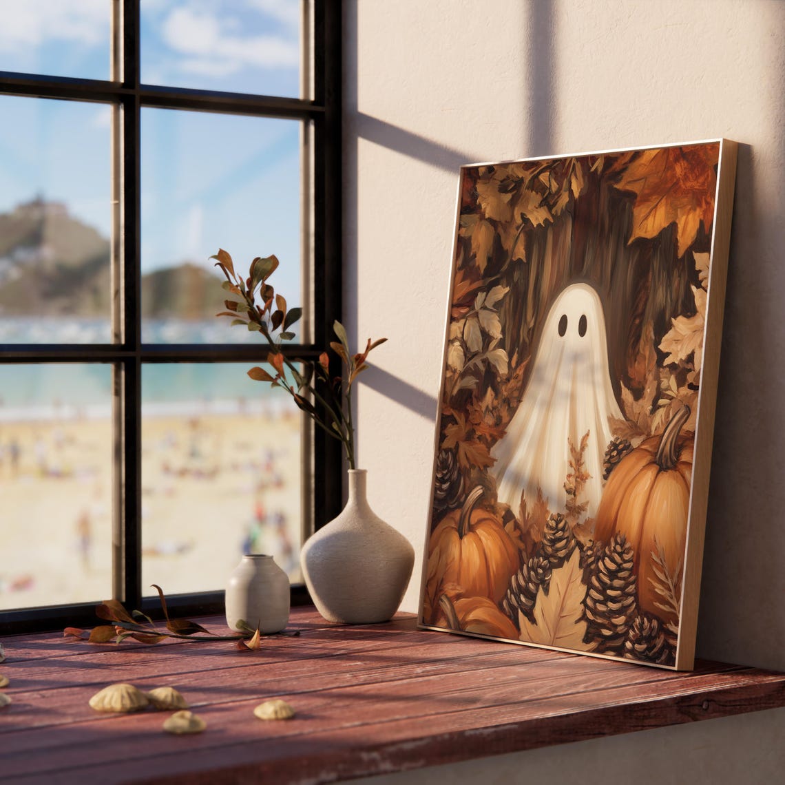 Cute Ghost Among Pumpkins And Fall Leaves Rustic Autumn Wall Art Earthy Halloween Decor Cottagecore Fall Print 1594 - Image 5