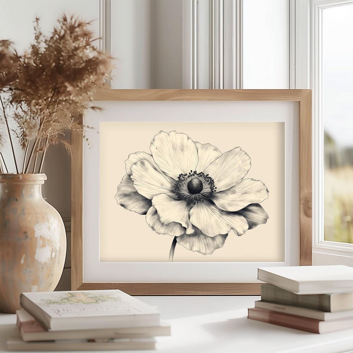 White Anemone Bloom Close Up Delicate Botanical Sketch Art Poster - Image 2