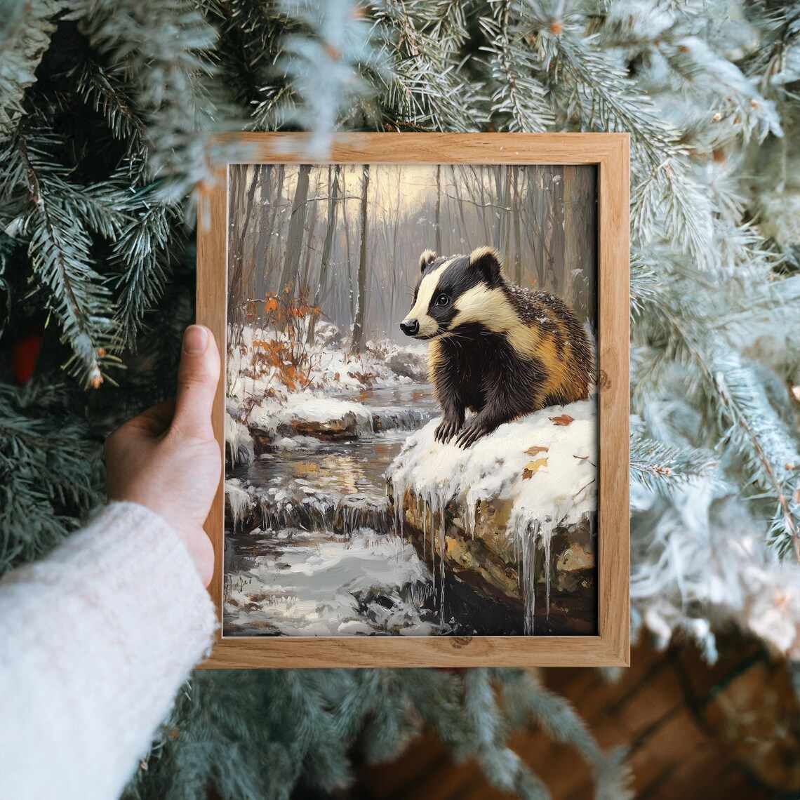 Badger Snowy Stream Winter Woodland Forest Wildlife Oil Painting Poster - Image 6