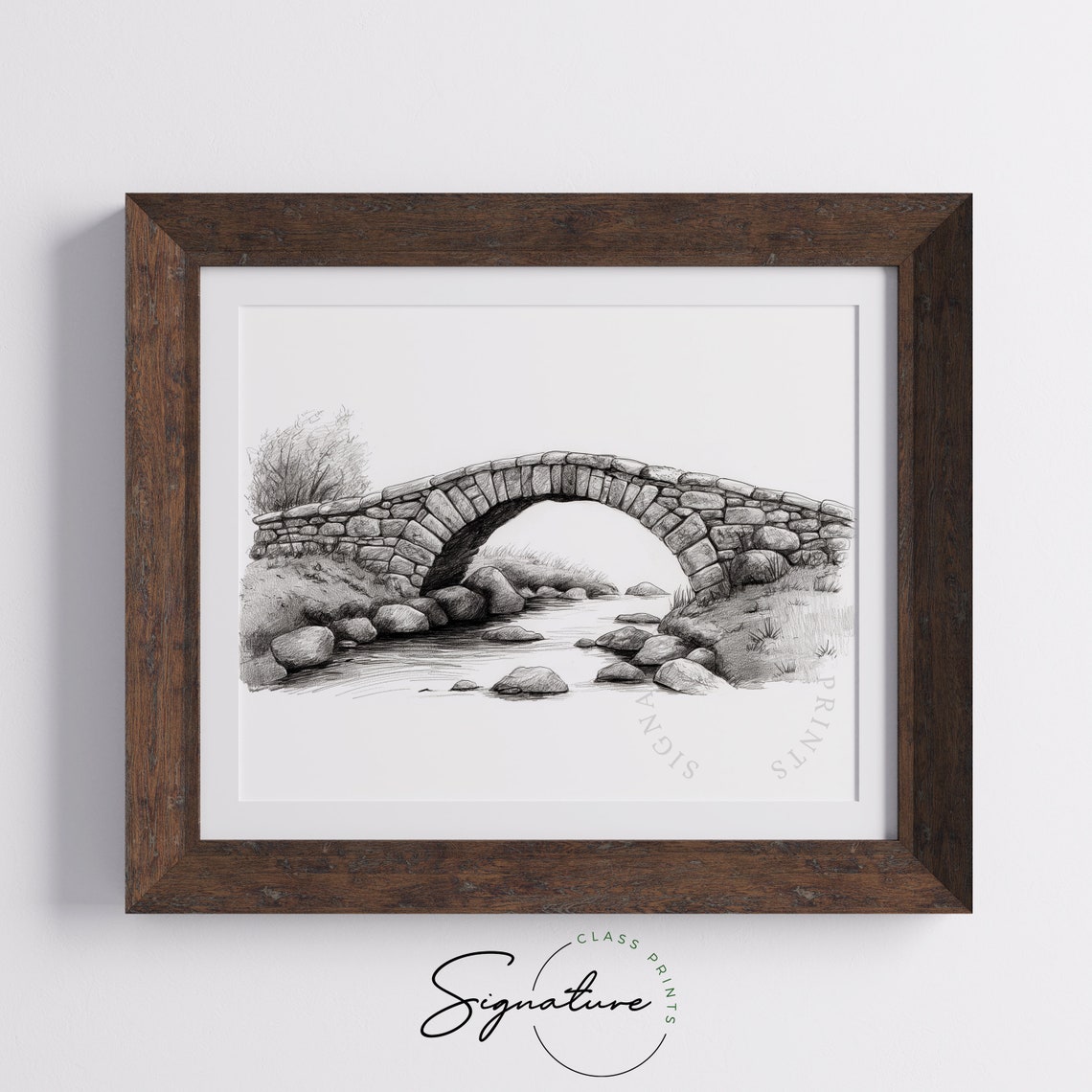 Old Stone Arch Bridge Over Stream Pencil Sketch Landscape Poster - Image 5