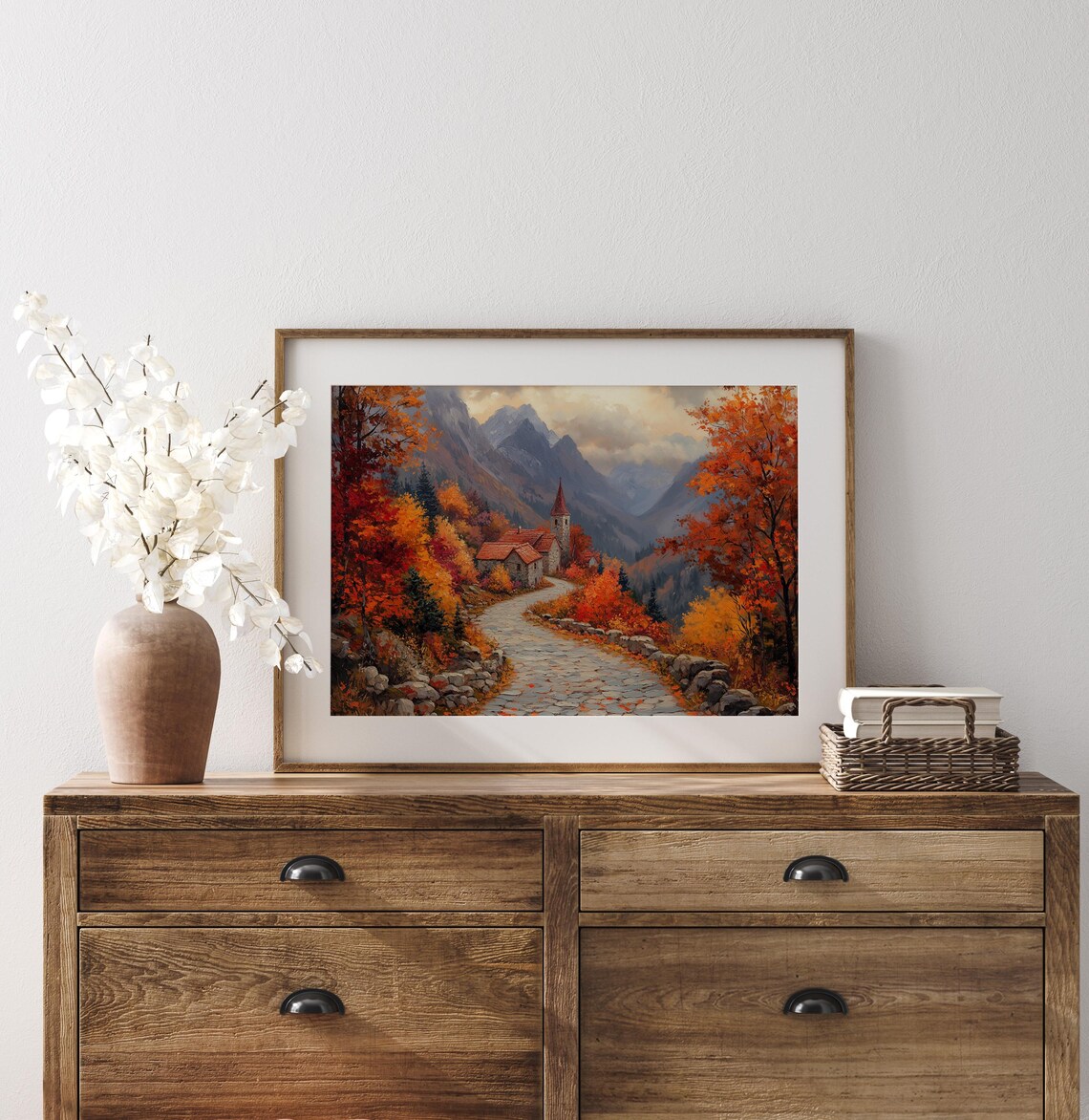 Alpine Village Chapel on Winding Cobblestone Road in Autumn Splendor Wall Art - Image 3