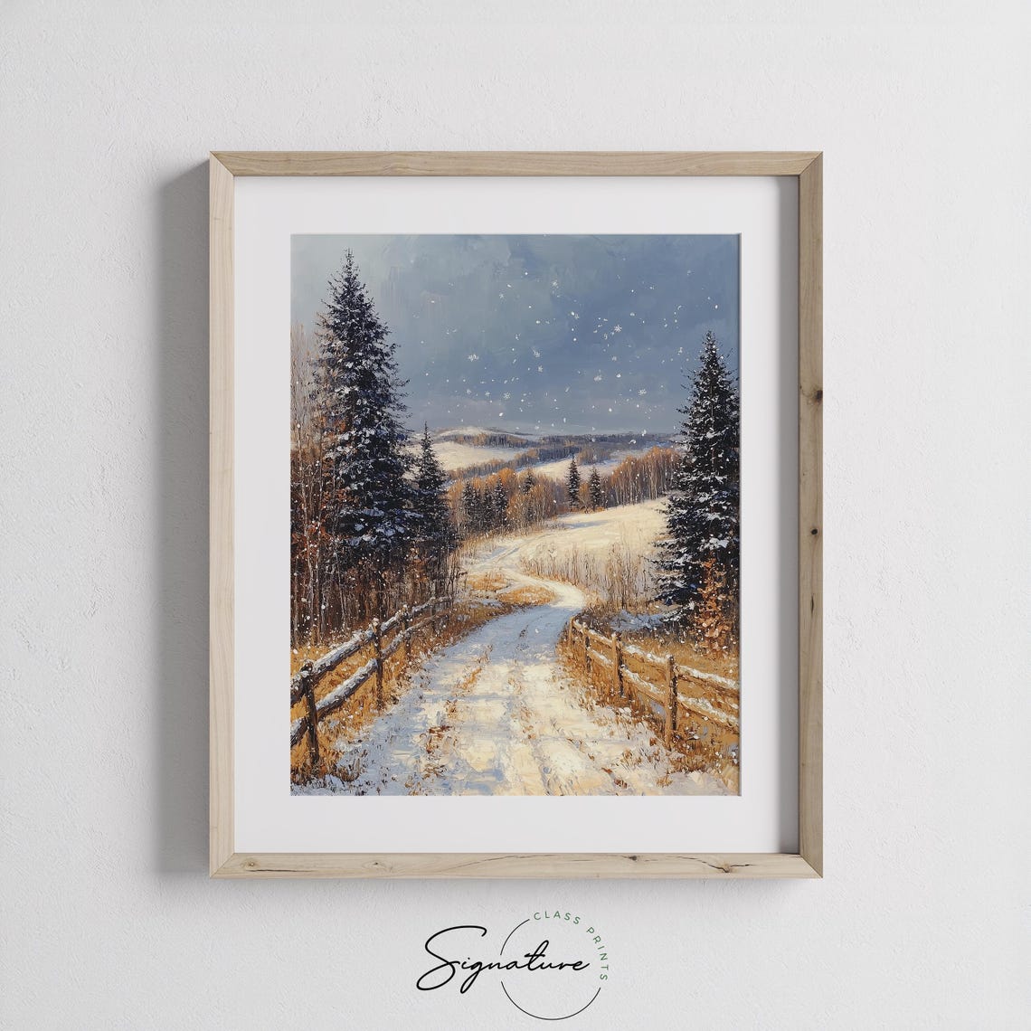 Snowy Fenced Path through Winter Evergreens with Falling Snow Poster - Image 2