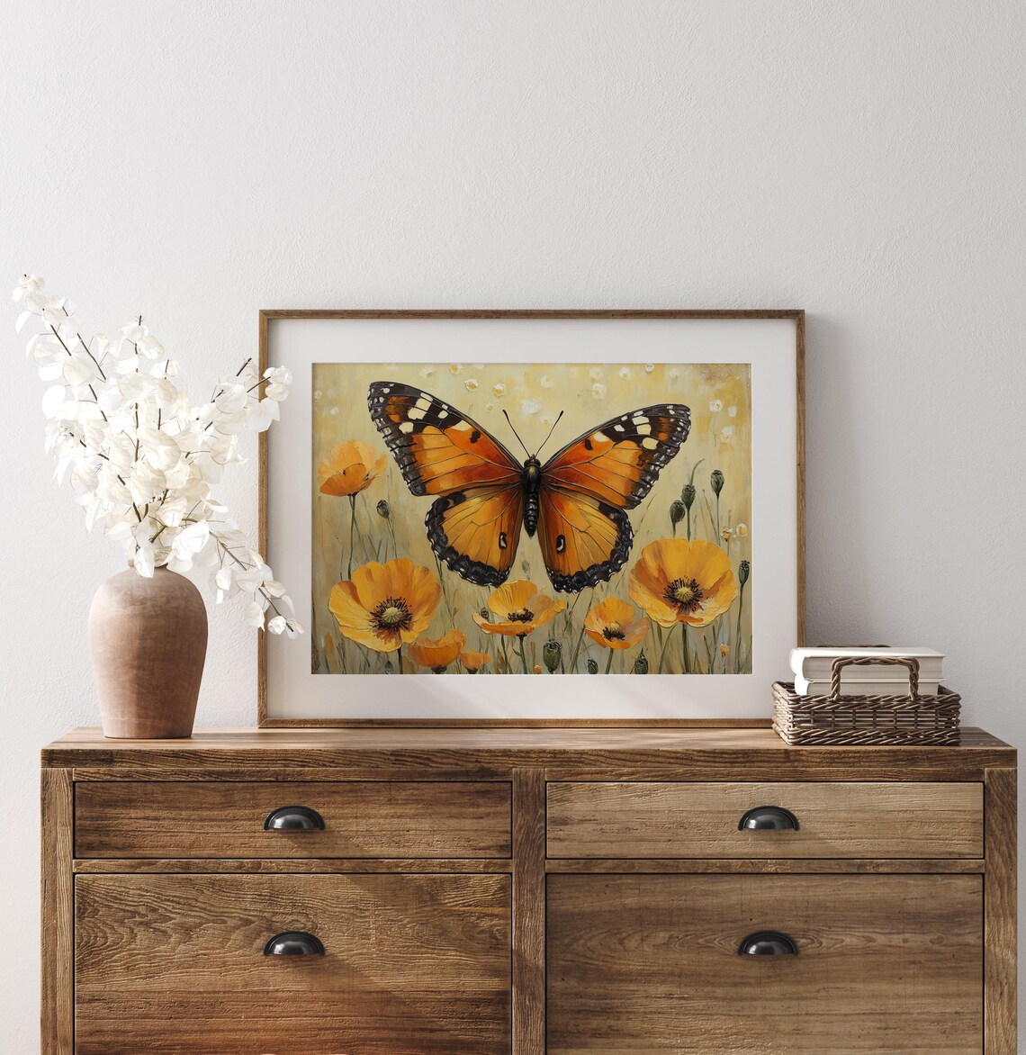 Golden Monarch Butterfly Among Yellow Poppies Spring Floral Wall Art - Image 2