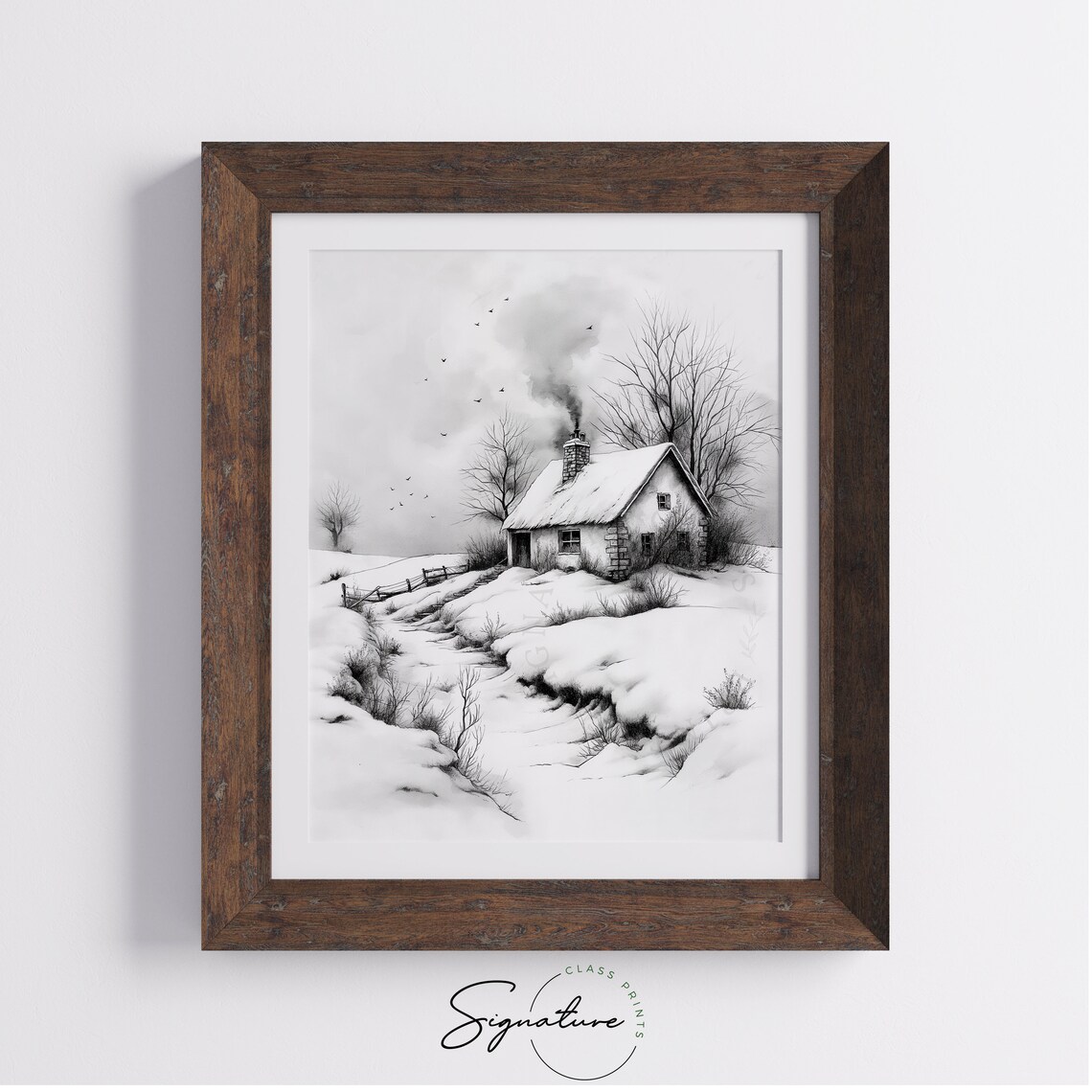 Isolated Stone Cottage In Snowy Landscape Winter Sketch Poster - Image 4