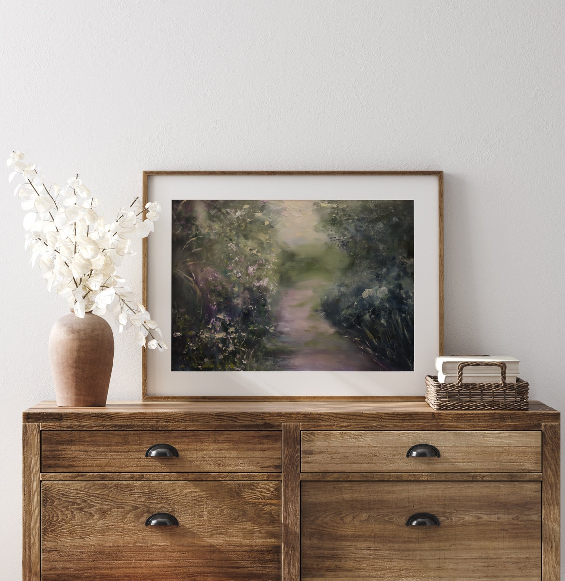Moody Garden Path with Pink Blossoms Hazy Impressionist Poster - Image 3