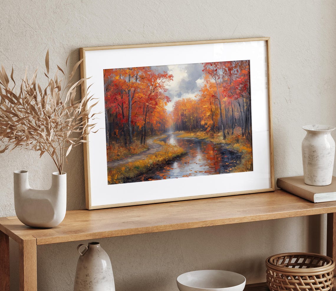 Red Autumn Forest Stream Mirror Reflection Landscape Painting Print - Image 4