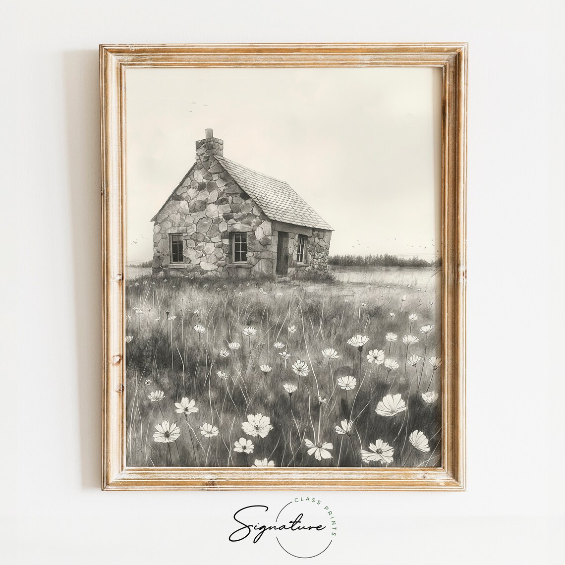 Stone Cottage In A Field Of Wildflowers Sketch Rustic Art Poster