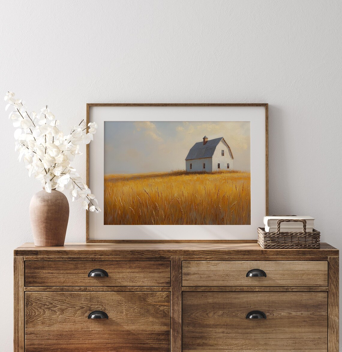 White Barn Wheat Field Golden Sky Autumn Farmhouse Landscape Wall Art - Image 3