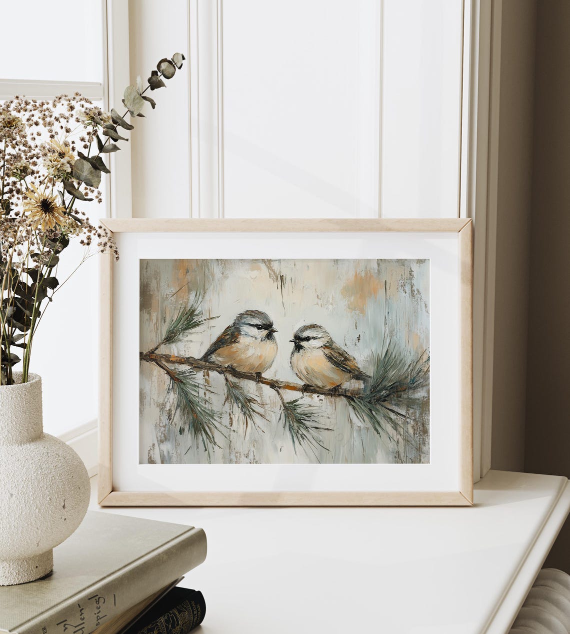 Two Chickadees Perched On A Pine Branch In Soft Winter Hues Poster - Image 6