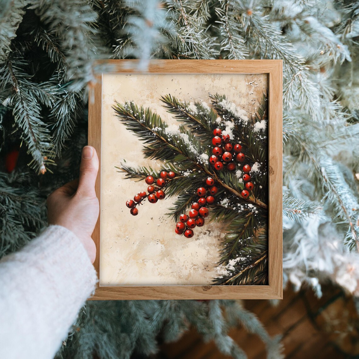 Snowy Fir Branch with Red Winter Berries Vintage Botanical Poster - Image 6