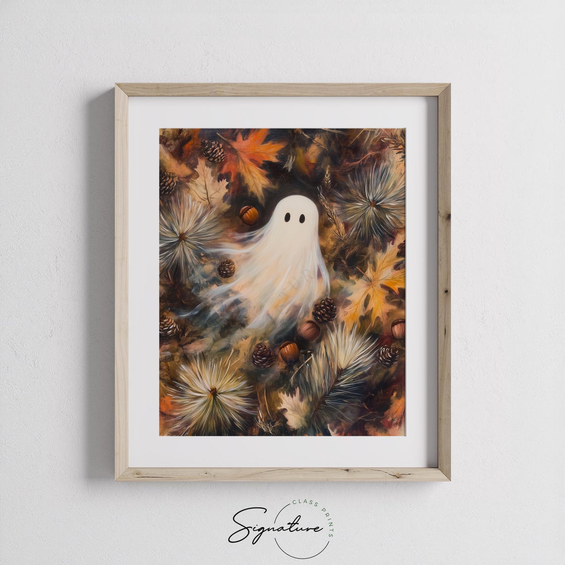 Cute Ghost Floating Through Vibrant Fall Leaves and Pinecones Poster - Image 3