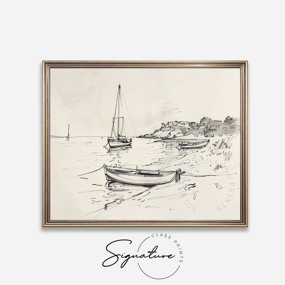 Quiet Cove Sailboats Drifting Boats Ink Line Coastal Sketch Poster - Image 4