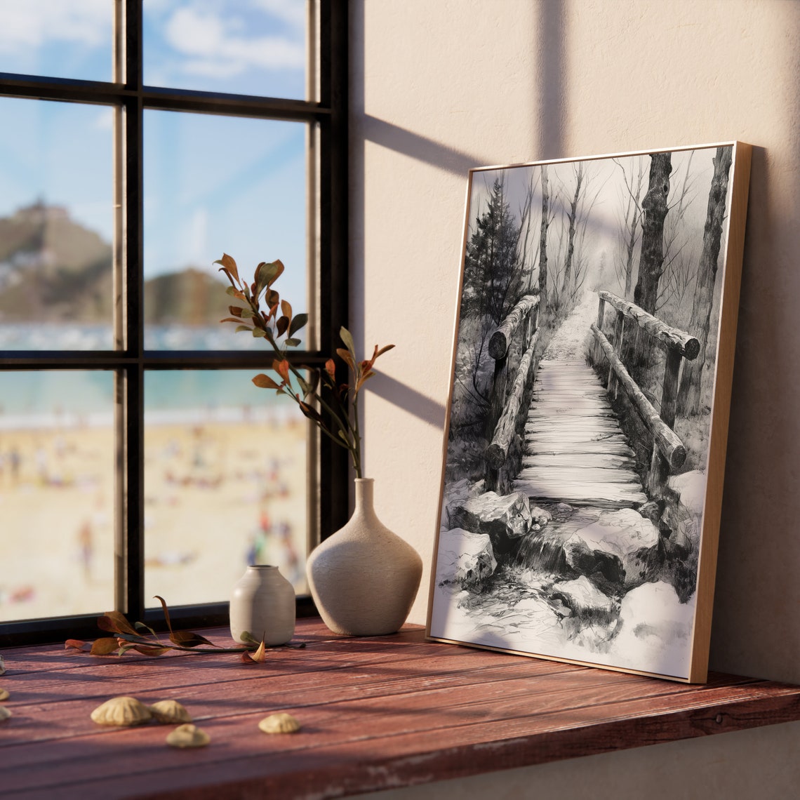 Rustic Wooden Footbridge Over Forest Stream Woodland Ink Poster - Image 5