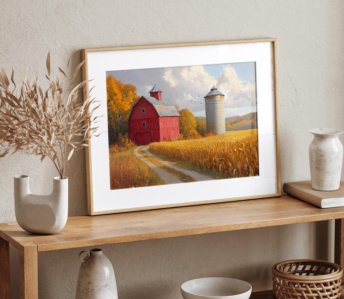 Red Barn Silo Cornfield Autumn Farm Rustic Fall Harvest Wall Art - Image 4