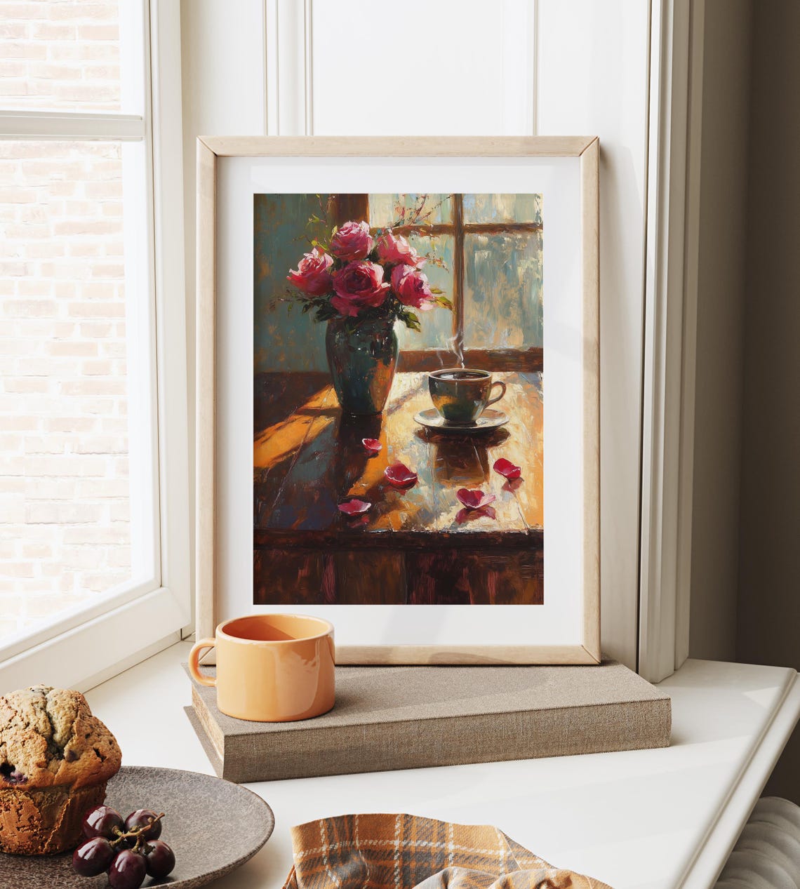 Vintage Coffee Cup With Pink Roses Sunlit Window Rustic Wall Art - Image 4
