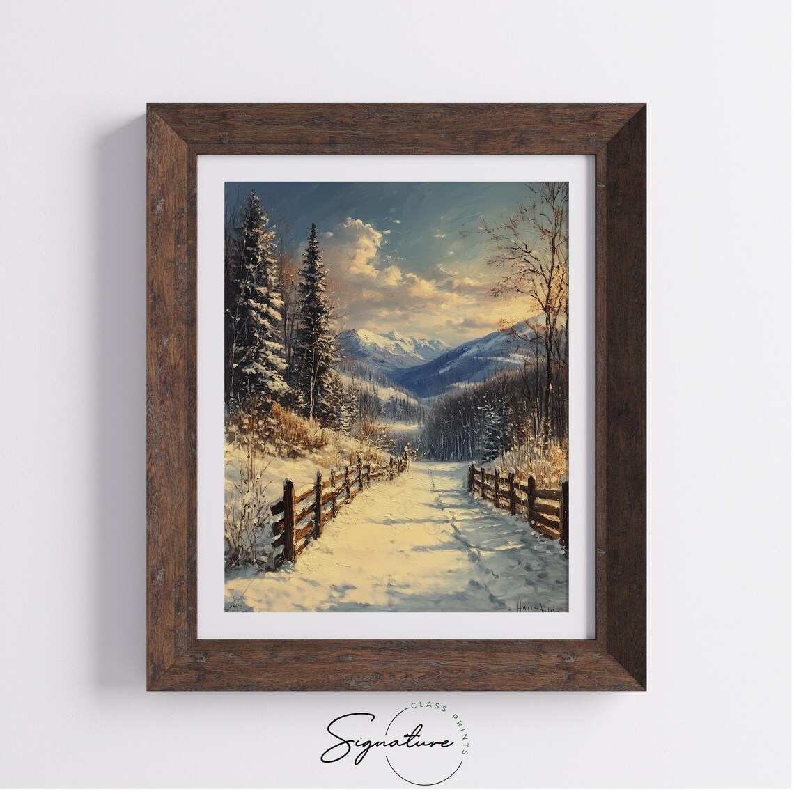 Snowy Fenced Lane with Mountain View Winter Landscape Oil Painting Print - Image 2