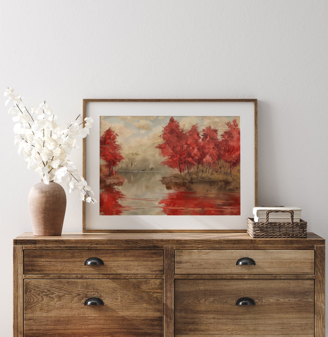 Scarlet Red Maple Trees Misty Lakeshore Tranquil Autumn Poster - Image 3