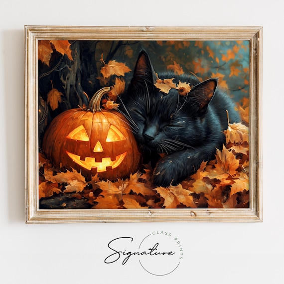 Sleeping Black Cat Nestled Against a Glowing Pumpkin in Fall Leaves Poster