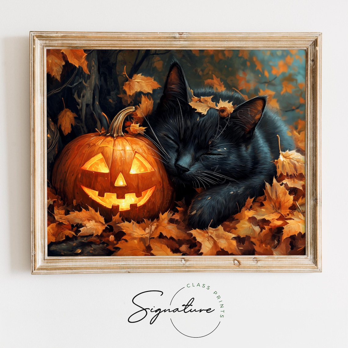 Sleeping Black Cat Nestled Against a Glowing Pumpkin in Fall Leaves Poster