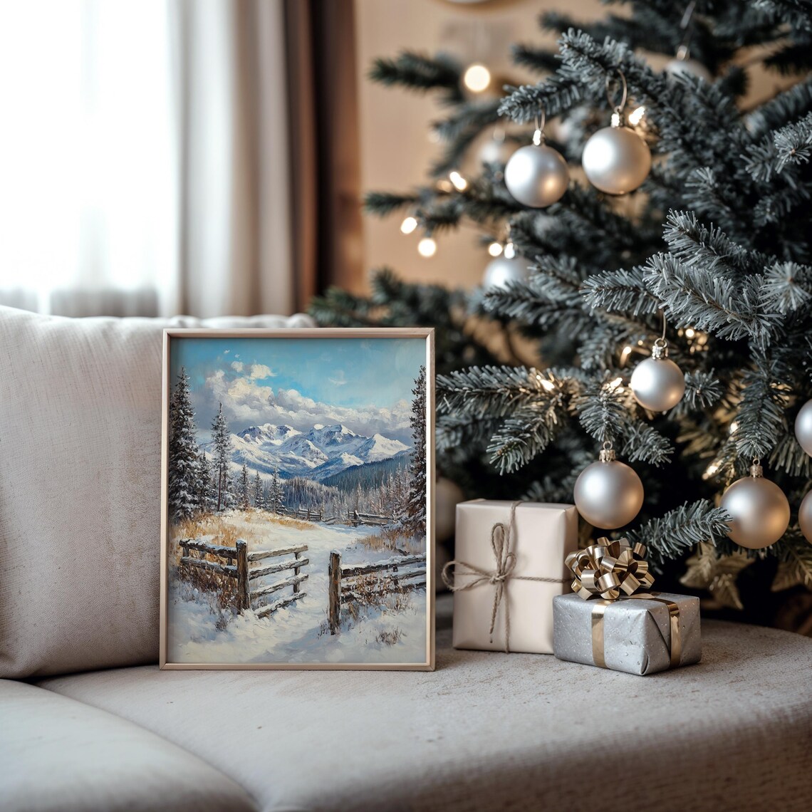 Snowy Alpine Mountain Gate Fence Oil Painting Style Winter Poster - Image 5