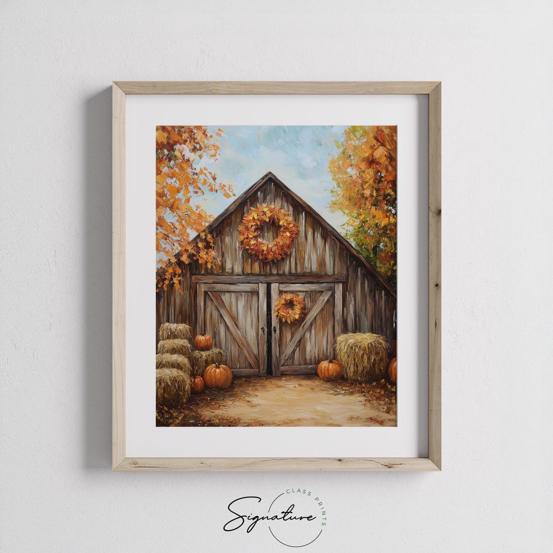 Rustic Barn Fall Wreath Pumpkins Hay Bales Farmhouse Art Poster - Image 3