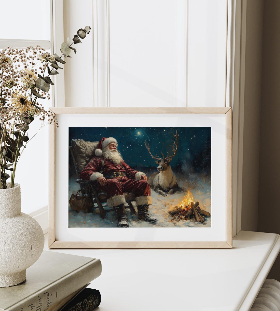 Santa Resting by Campfire With Reindeer Starry Night Scene Poster - Image 6