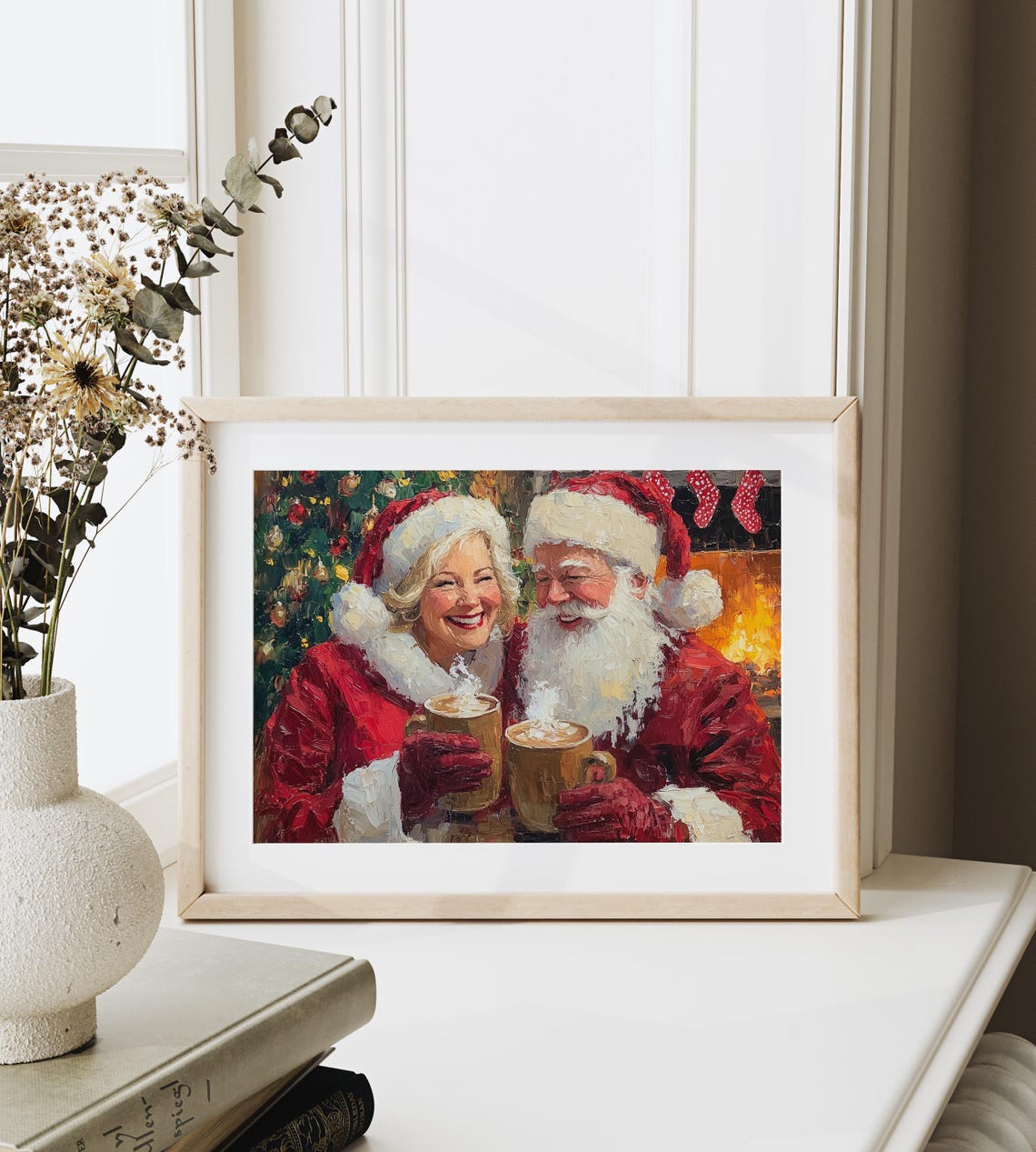 Santa And Mrs Claus Laughing Over Hot Cocoa By The Fire Art Poster - Image 6