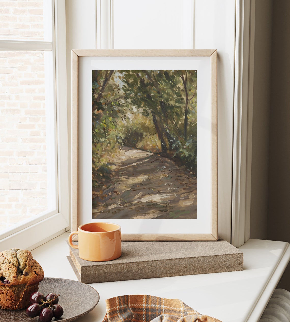 Sunlit Woodland Path with Dappled Light Through Green Trees Poster - Image 6
