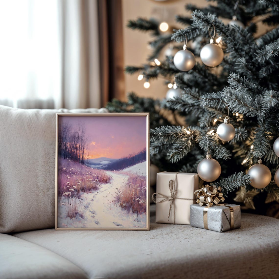 Snowy Hillside Path Purple Evening Glow Winter Landscape Poster - Image 5