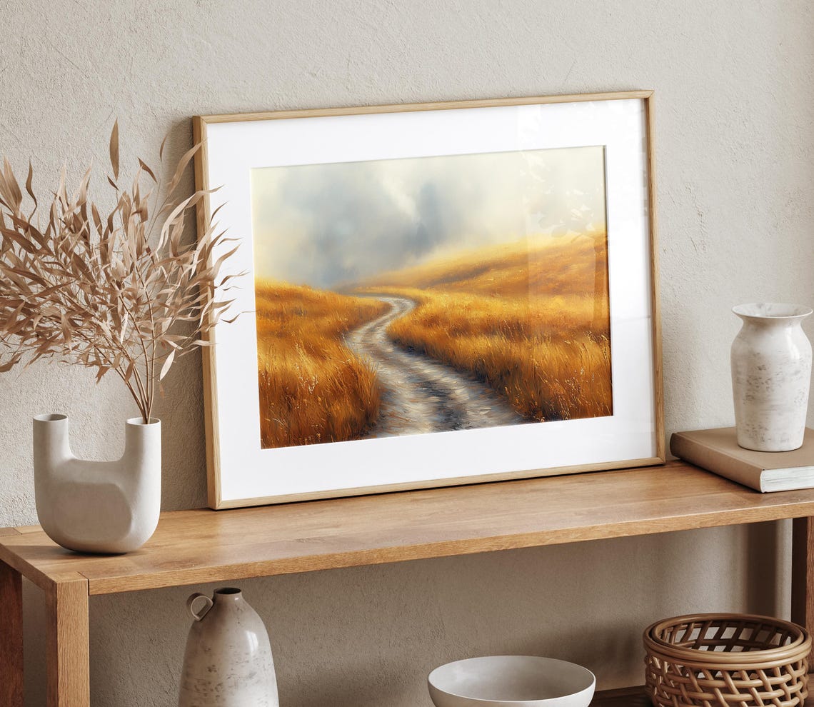 Misty Golden Wheat Field Dirt Path Minimalist Country Wall Print - Image 4