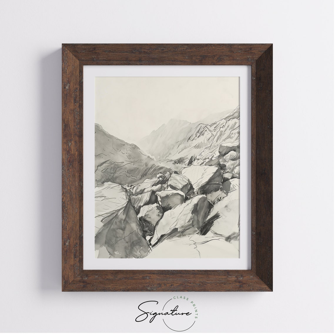 Rugged Mountain Pass With Boulders Charcoal Sketch Landscape Poster - Image 4