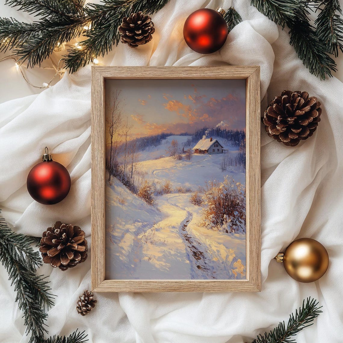 Cozy Winter Cabin at Sunset on Glowing Snow under Pink Sky Poster - Image 4
