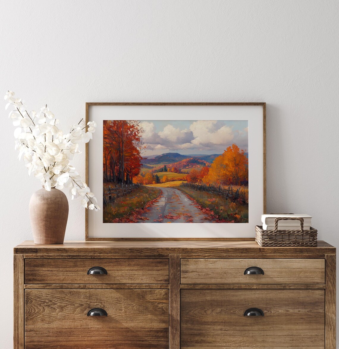 Autumn Lane Red Maples Fallen Leaves Rustic Fences Valley View Poster - Image 3