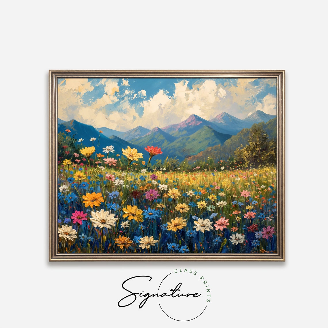 Daisy Meadow with Mountain Peaks Under Blue Sky Impressionist Poster - Image 4