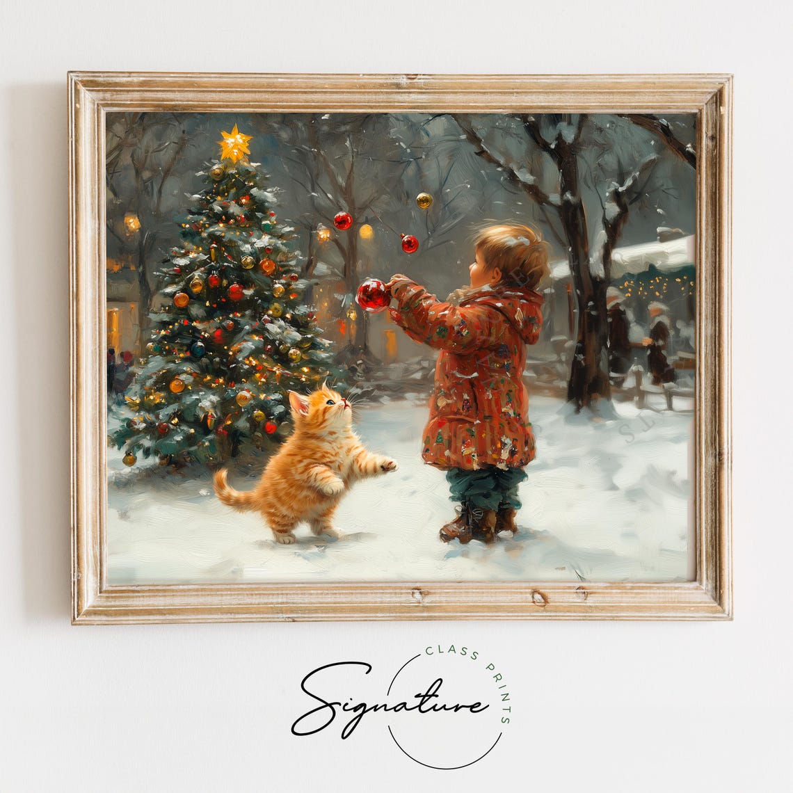 Child and Kitten Playing With Christmas Ornaments Snowy Night Poster