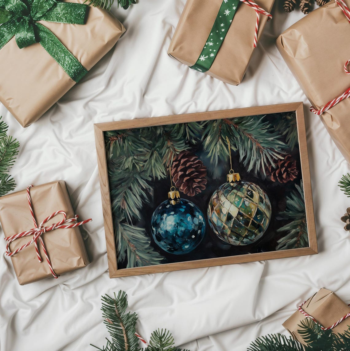 Teal Blue And Quilted Green Christmas Ornaments On Pine Poster - Image 2