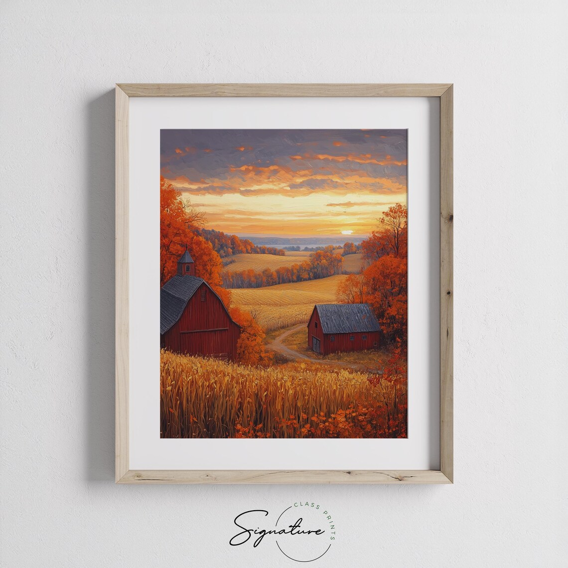 Two Red Barns in Golden Fields Under Blazing Autumn Sunset Sky Wall Art - Image 3