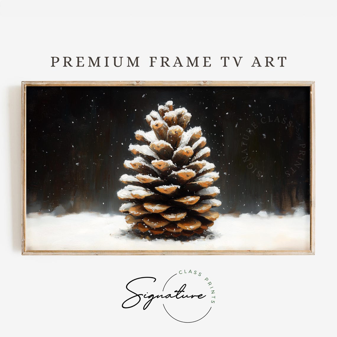 Snow Dusted Pinecone Resting In Fresh Snow Dark Winter Art Poster