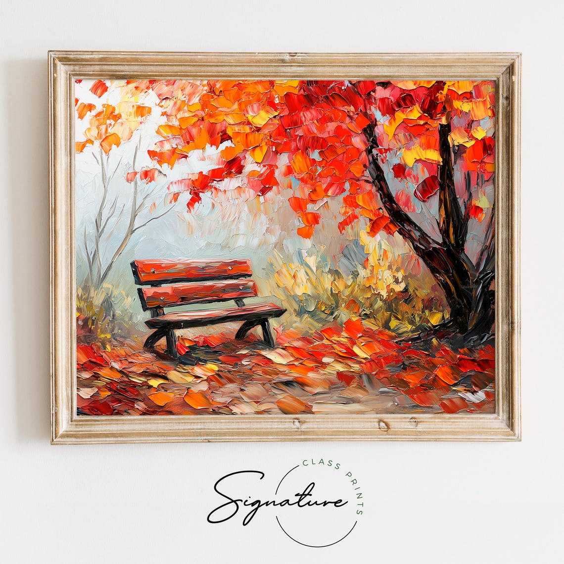 Autumn Park Bench Painting Red Maple Tree Vibrant Fall Leaves Poster