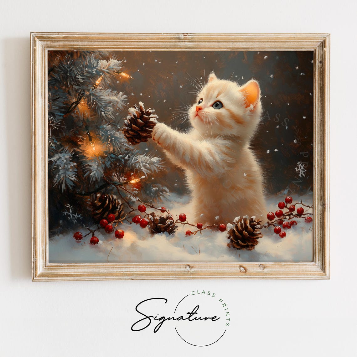 Cream Kitten Playing With A Pinecone Among Berries And Snow Poster