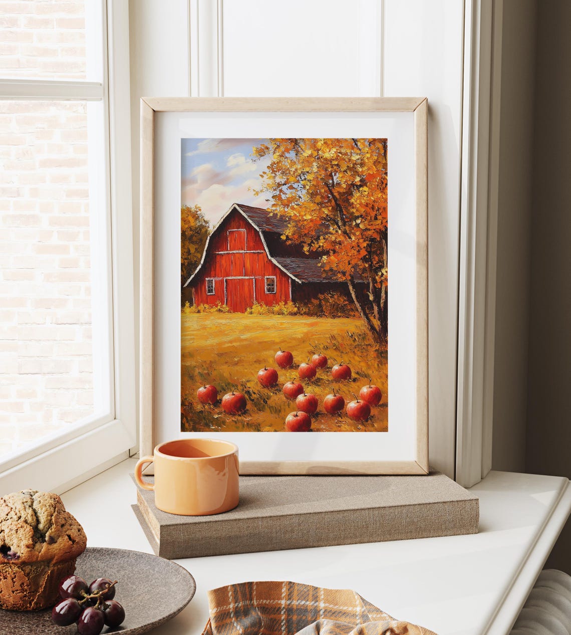 Red Barn with Fallen Apples in Bright Autumn Orchard Scene Poster - Image 6