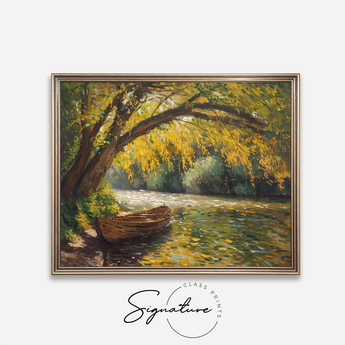 Golden Elm Arching Over Sleepy Canal Moored Wooden Rowboat Poster - Image 4