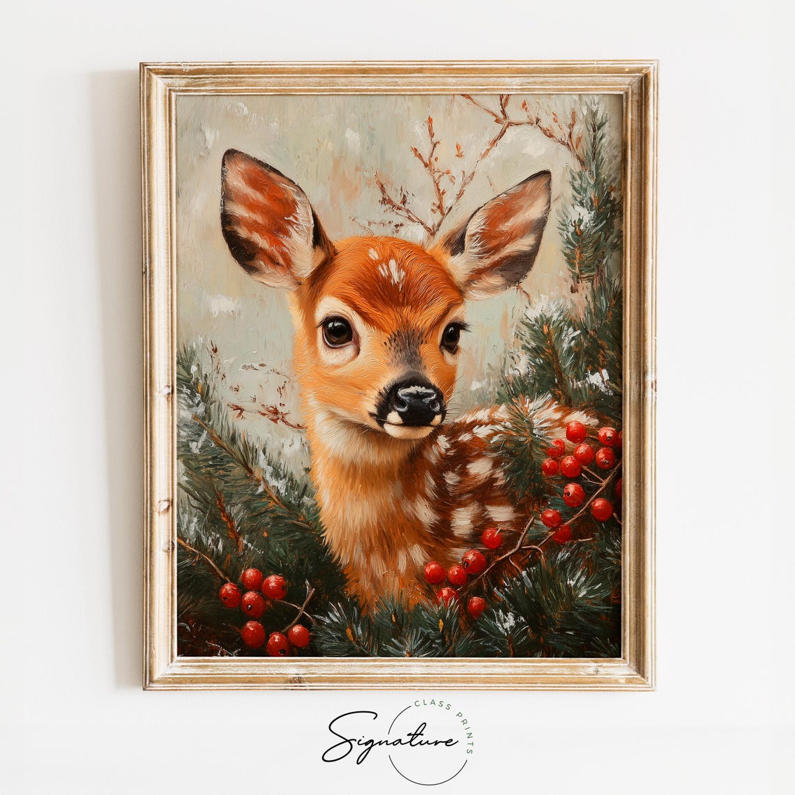 Fawn Among Pine Branches and Red Berries Winter Oil Painting Print