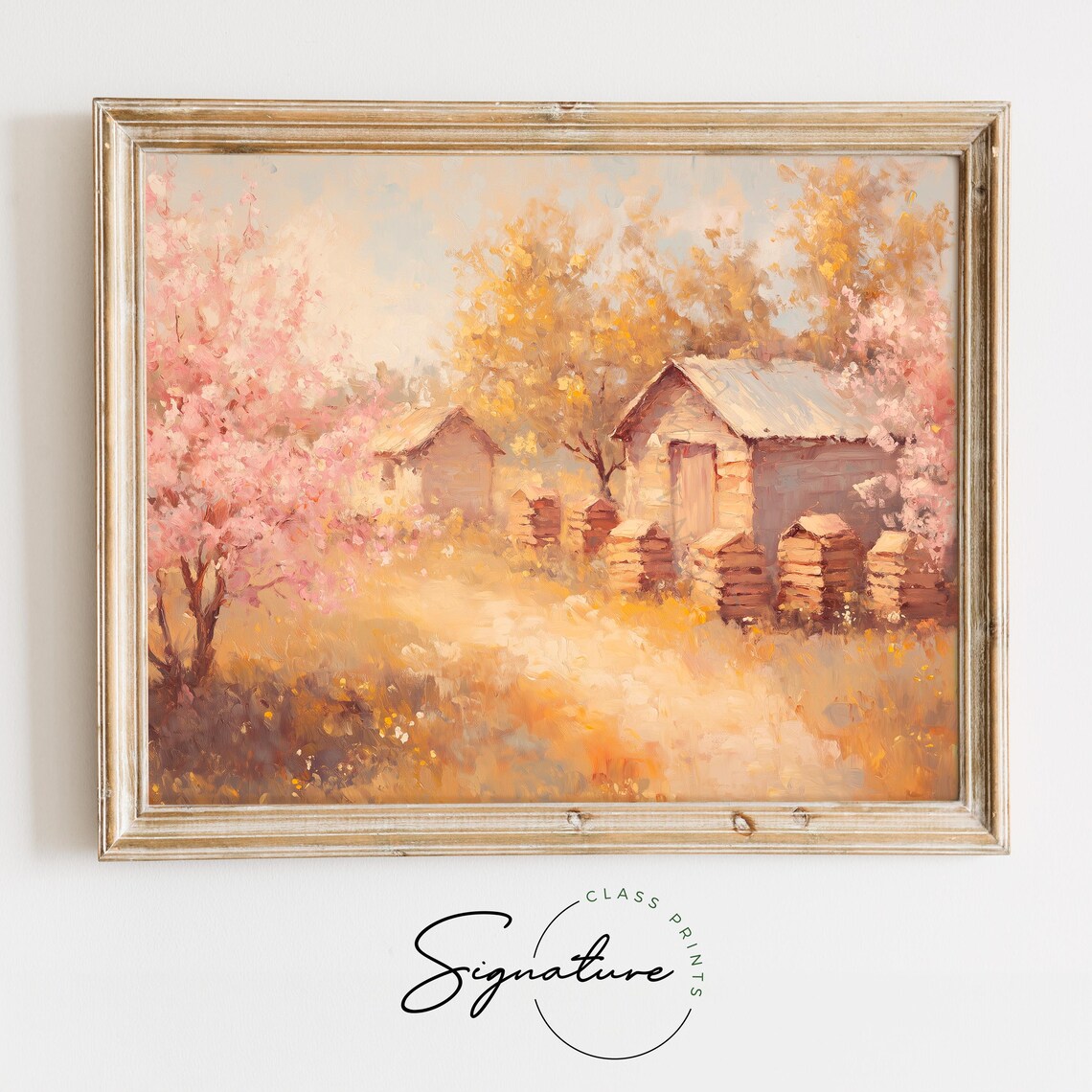 Pink Blossom Orchard With Rustic Beehives Pastel Farmhouse Poster