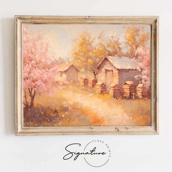 Pink Orchard Bee Hives Dreamy Cottage Art Pastel Farmhouse Decor Vintage Countryside Nursery Garden Blossoms Artwork 3283