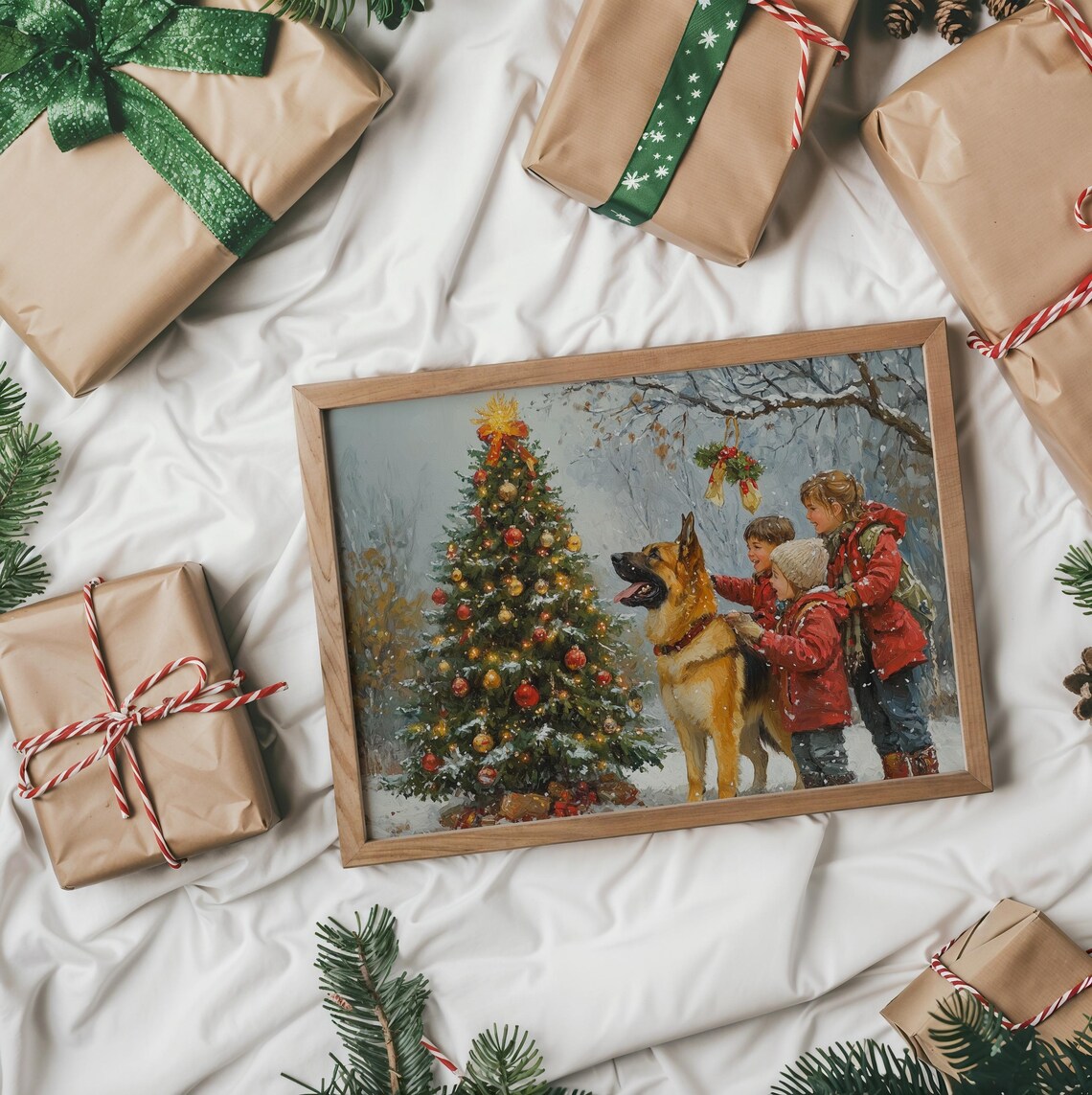 Kids And German Shepherd Dog By Outdoor Christmas Tree Poster - Image 2