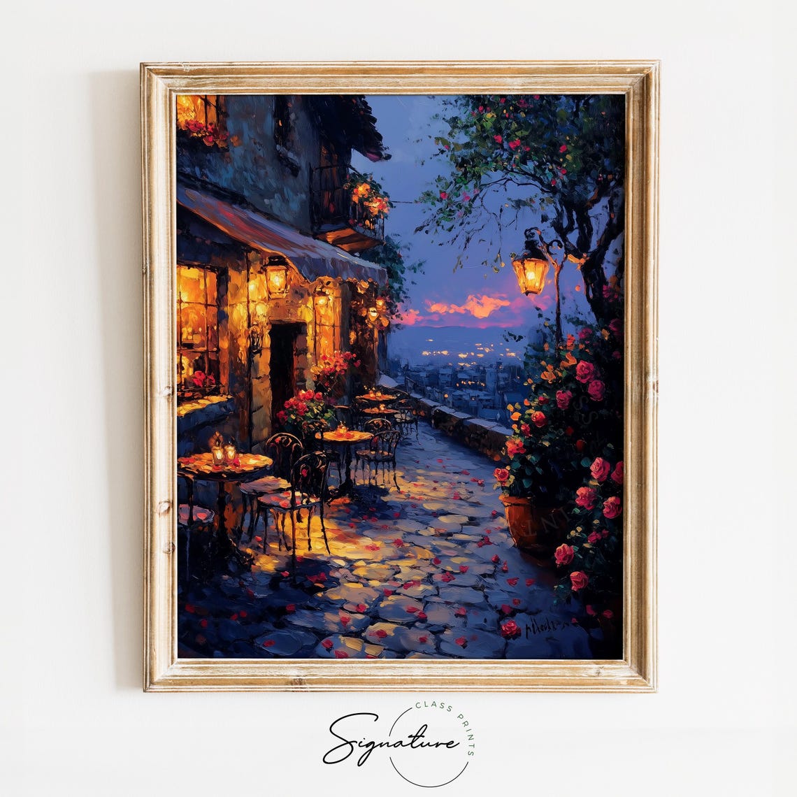 Romantic Cafe Terrace at Dusk Roses String Lights Night Poster