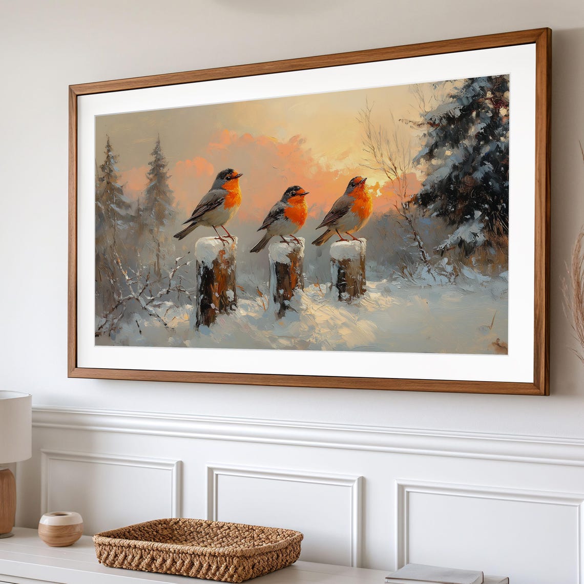 Three Robins On Snowy Stumps At Winter Sunrise Warm Bird Art Poster - Image 2