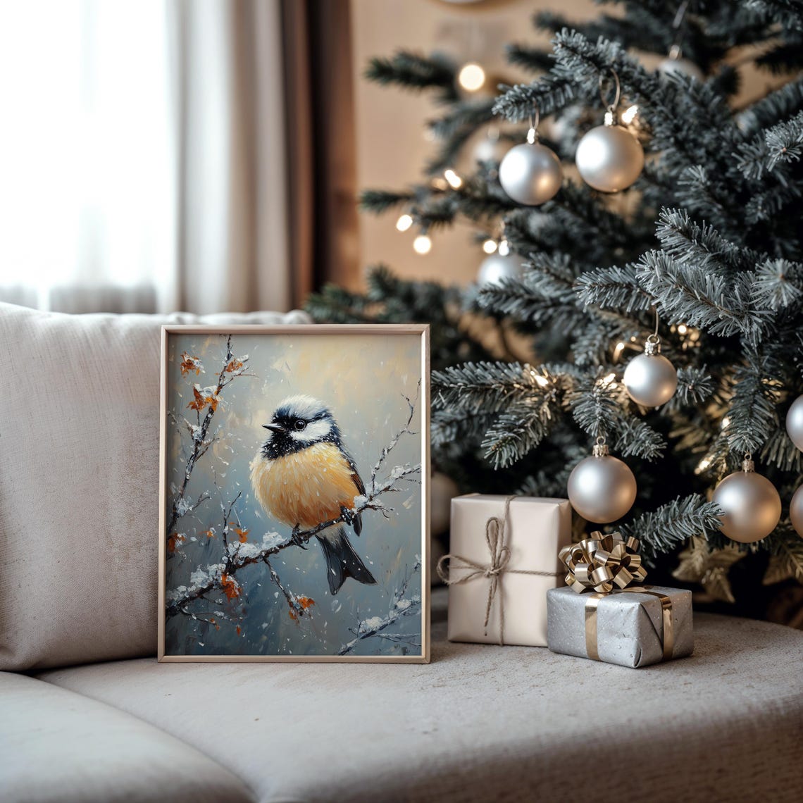 Chickadee on Snowy Branch with Red Berries Winter Oil Painting Print - Image 5